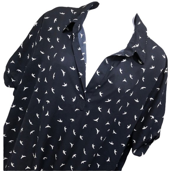 Misia Blue White Bird Button Tie Front Blouse Artsy Top - Picture 2 of 5